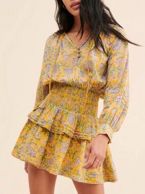 Cleobella Yellow Floral Tie-Neck Mini Dress